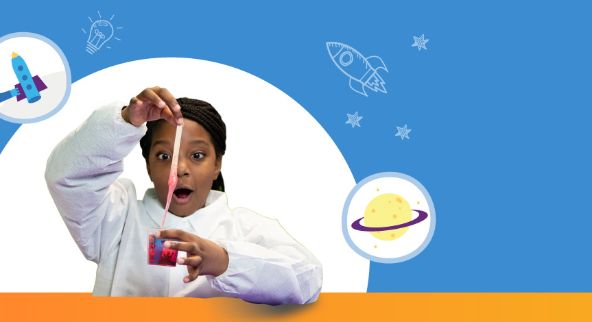 A girl in a lab coat playing with slime surrounded by planet and rocket illustrations.