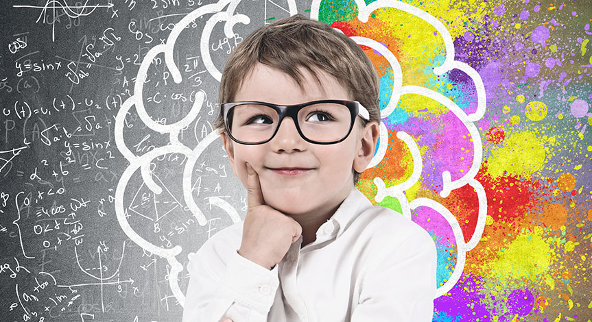 Little boy in glasses deep in thought, brain sketch, formulas and colorful patches in the background